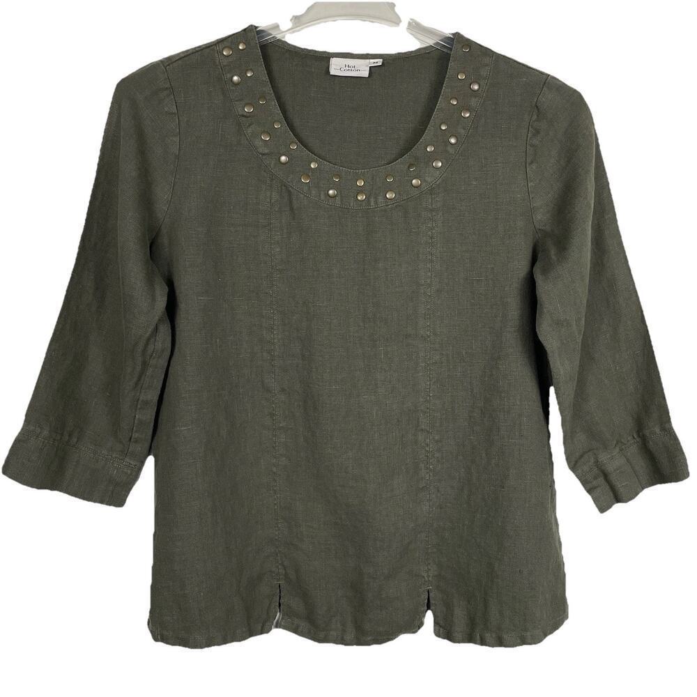 Hot Cotton Linen Blend Top Women's M Olive Brass Stud Neckline Lagenlook Grunge